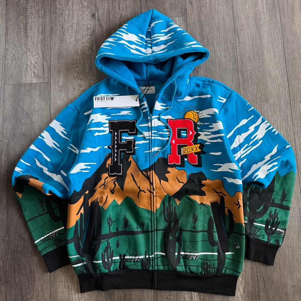 First Row Men’s Blue Desert Zip-Up Hoodie with Graphic Patch